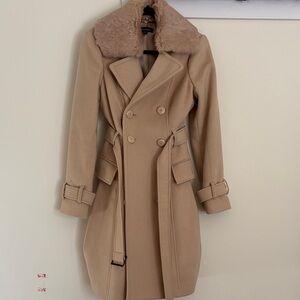Bebe Tan Double-Breasted Coat with Faux Fur Collar